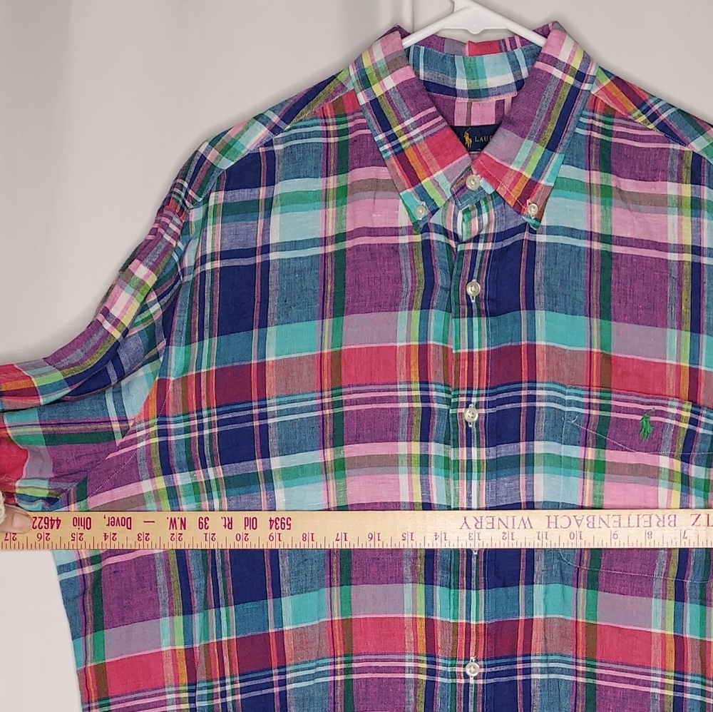 Ralph Lauren Linen Plaid Button Shirt Mens XL Multicolor Collar Coastal Preppy - Picture 5 of 9